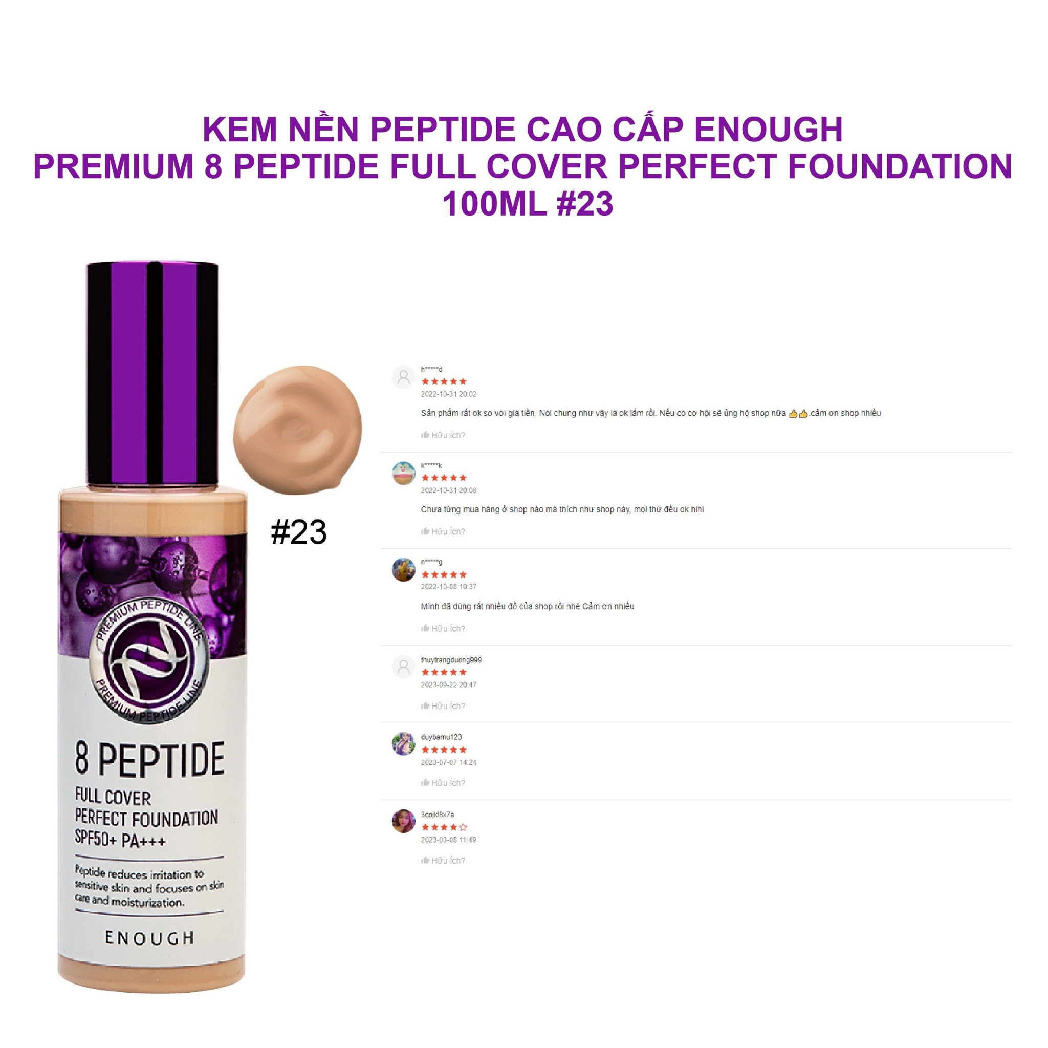 KEM NỀN PEPTIDE CAO CẤP ENOUGH PREMIUM 8 PEPTIDE FULL COVER PERFECT FOUNDATION 100ML #23 8