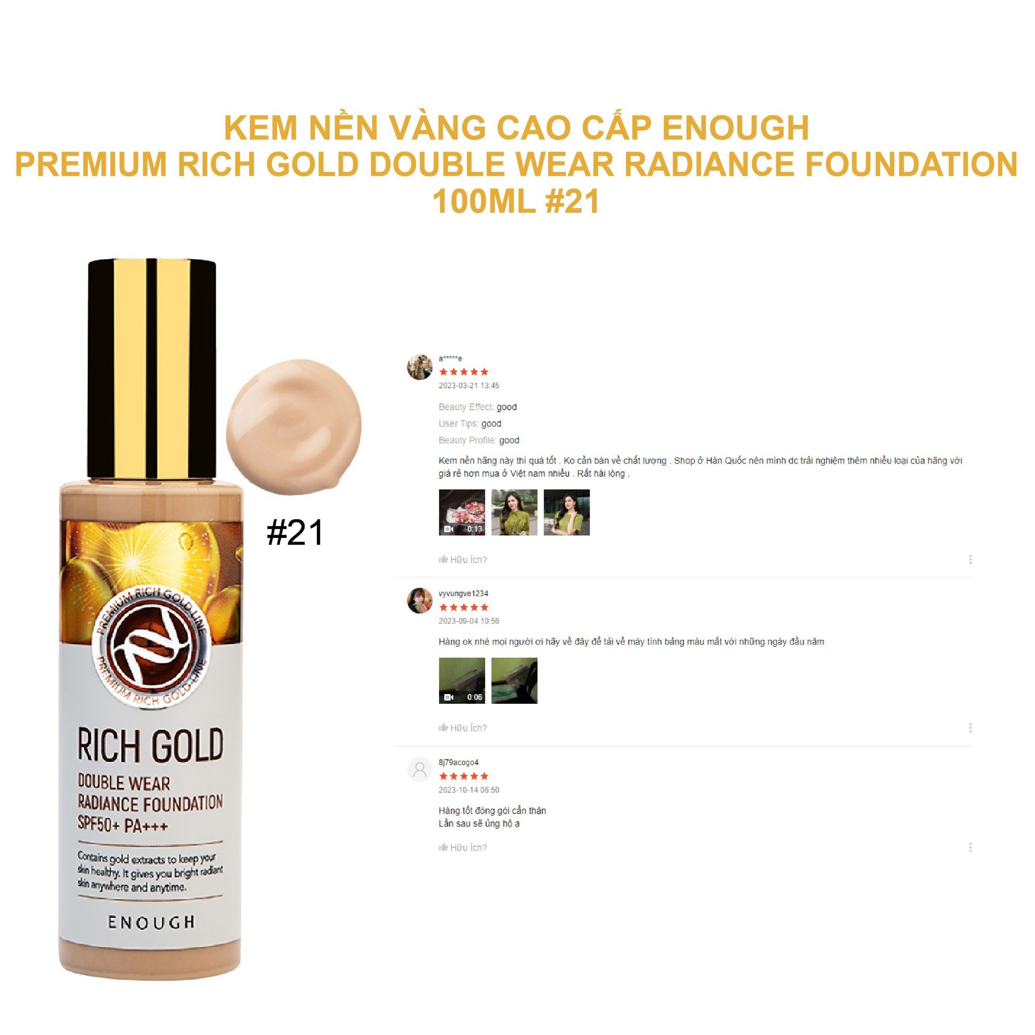 KEM NỀN VÀNG CAO CẤP ENOUGH PREMIUM RICH GOLD DOUBLE WEAR RADIANCE FOUNDATION 100ML #21 8