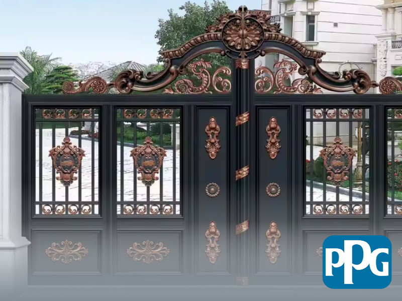 Mẫu 6: Cửa sắt 4 cánh sơn tĩnh điện màu đen kết hợp hoa họa tiết màu đồng quyền lực