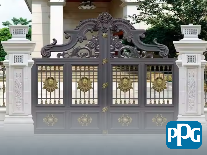 Mẫu 12: Cửa sắt 4 cánh sơn tĩnh điện màu xám kết hợp chạm khắc hoa văn cổ điển