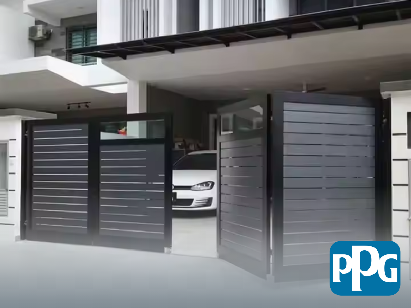 Mẫu 53: Cửa sắt 4 cánh sơn tĩnh điện hiện đại màu đen xám kết ô kính phía trên