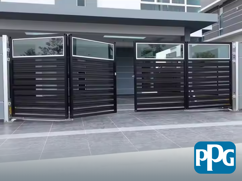 Mẫu 54: Cửa sắt 4 cánh sơn tĩnh điện màu đen trắng kết hợp ô kính cho nhà phố hiện đại