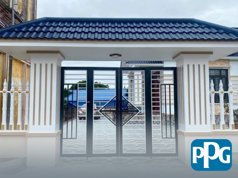 Mẫu 60: Cửa sắt 4 cánh sơn tĩnh điện đen trắng tối giản, hiện đại