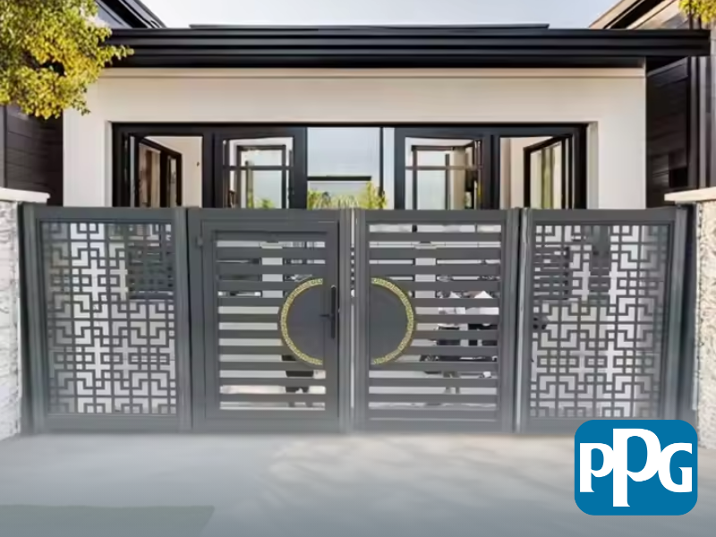 Mẫu 61: Cửa sắt 4 cánh sơn tĩnh điện màu xám kết hợp dường diềm độc đáo