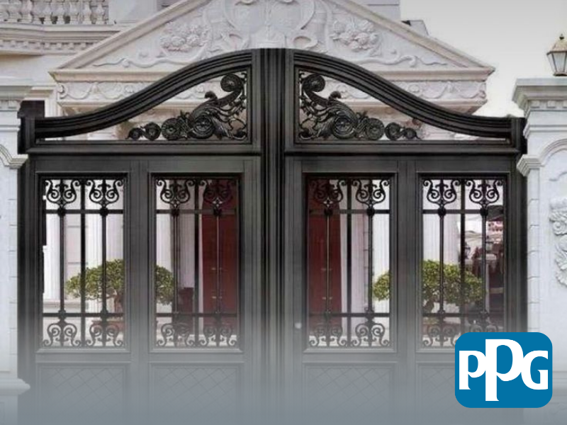Mẫu 67: Cửa sắt 4 cánh sơn tĩnh điện màu xám cổ điển cho biệt thự châu Âu cổ điển