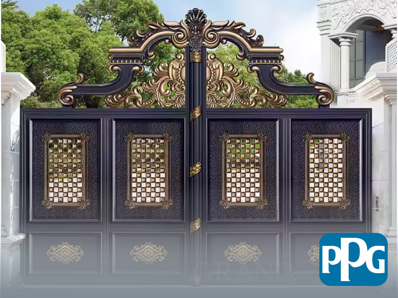 Mẫu 74: Cửa sắt 4 cánh sơn tĩnh điện đen chạm khắc hoa văn vàng đồng cao cấp quyền lực