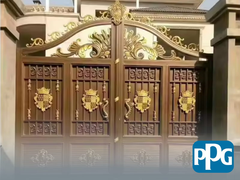 Mẫu 76: Cửa sắt 4 cánh sơn tĩnh điện màu nâu đất kết hợp hoa văn vàng đồng nổi bật, cao cấp