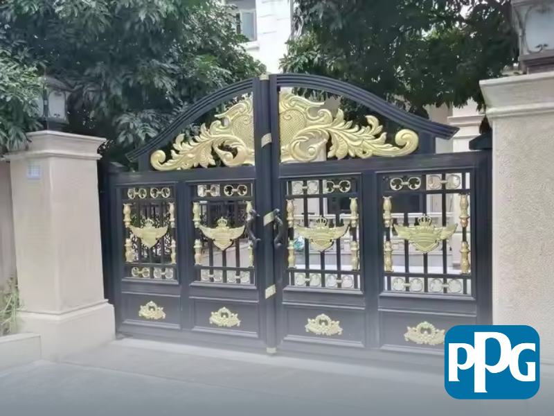 Mẫu 80: Cửa sắt 4 cánh sơn tĩnh điện màu đen kết hợp họa tiết cổ điển cỡ lớn sang trọng