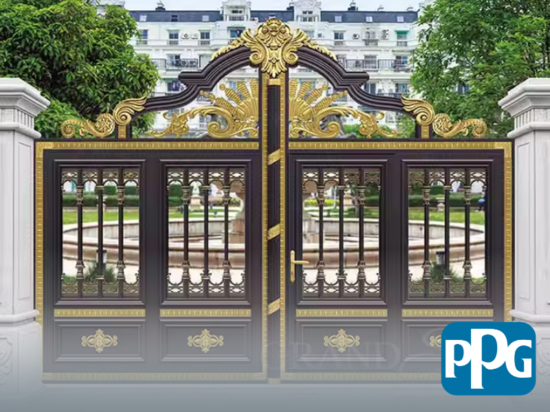 Mẫu 81: Cửa sắt 4 cánh sơn tĩnh điện màu đen kết hợp chạm trổ nhiều hoa văn tinh tế cho công trình cần sự sang trọng, đẳng cấp