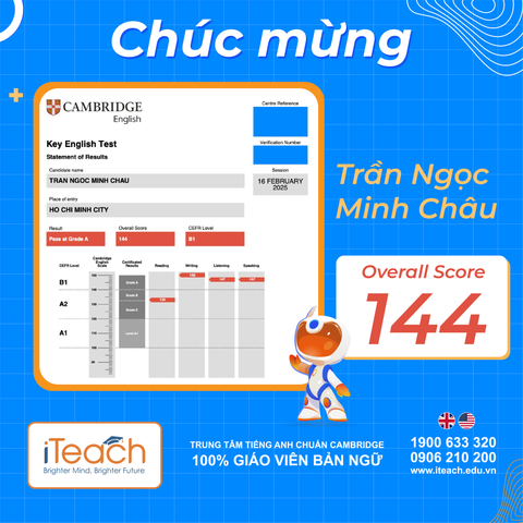 Học viên iTeach xuất sắc đạt điểm A chứng chỉ Cambridge KET