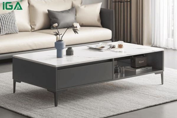 Bàn trà sofa mặt đá kết hợp cùng sofa da