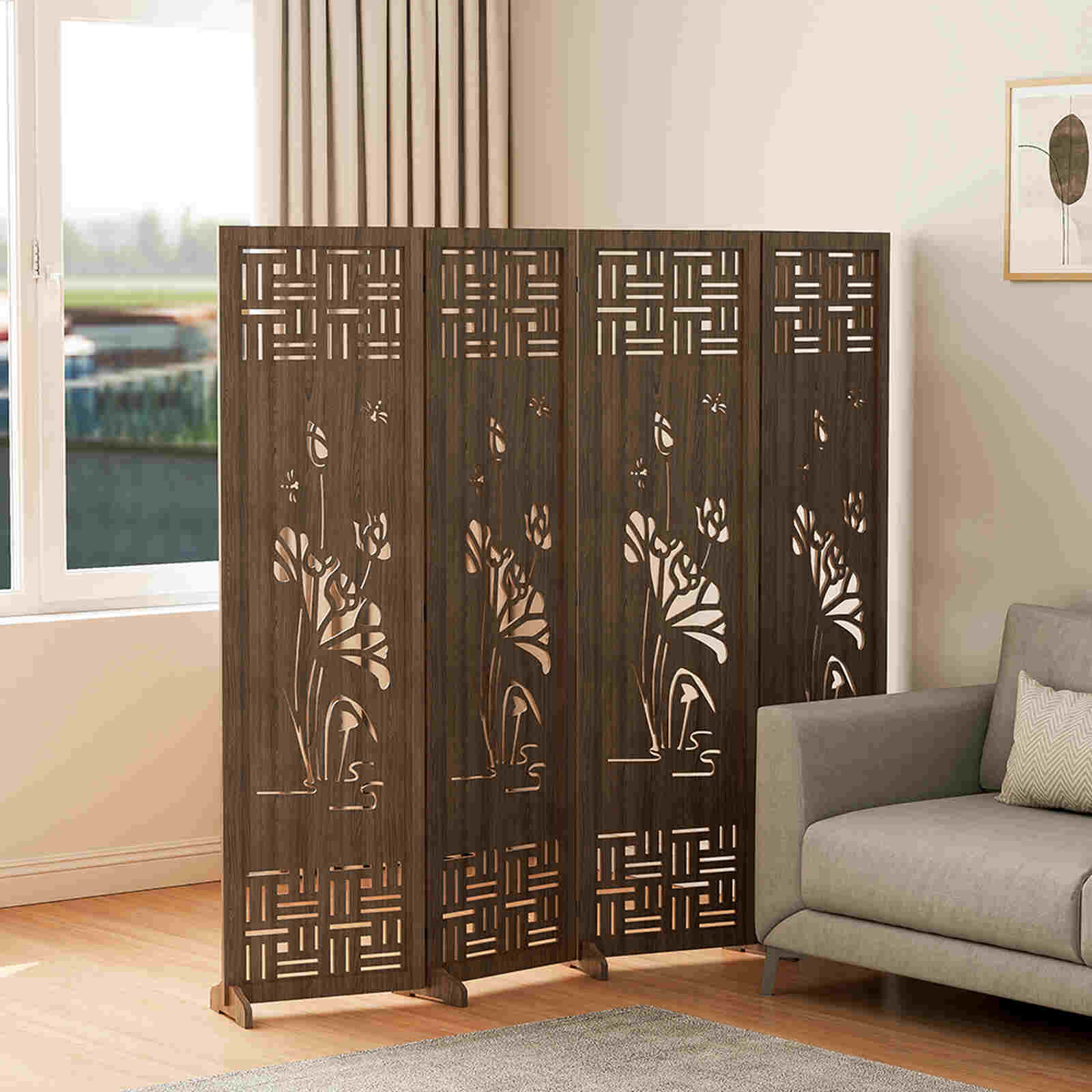 Bình phong gỗ họa tiết hoa sen