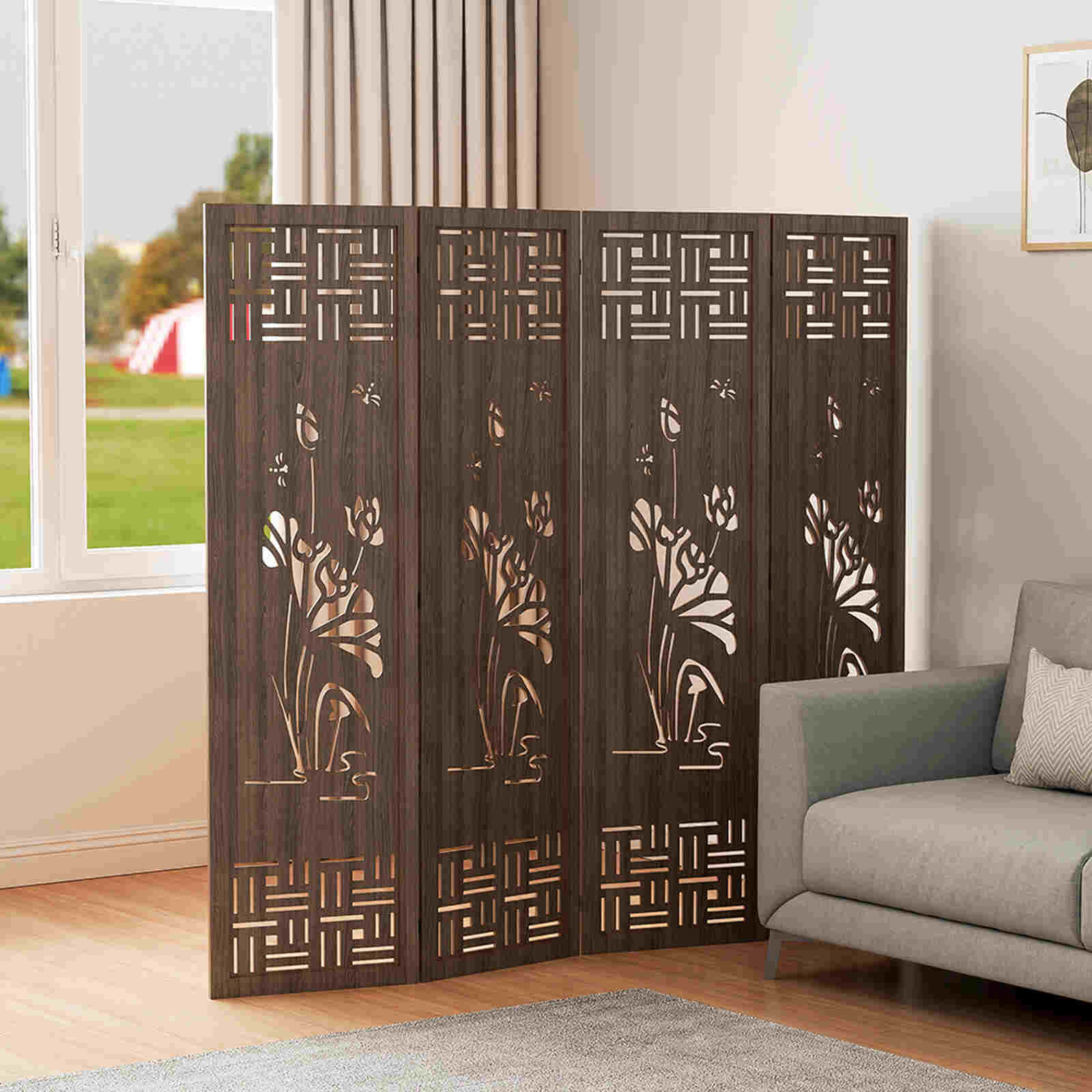 Bình phong gỗ họa tiết hoa sen