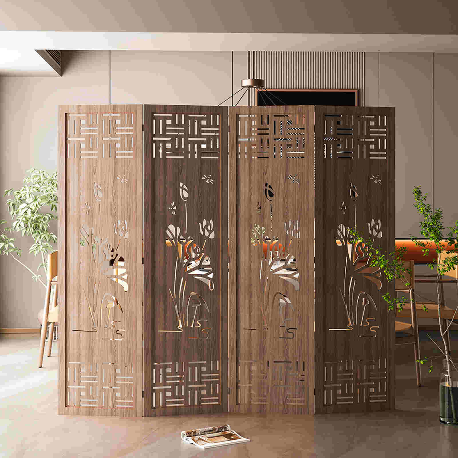 Bình phong gỗ họa tiết hoa sen