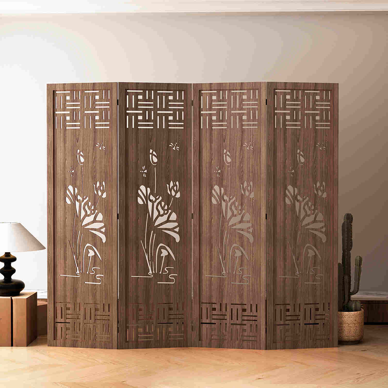 Bình phong gỗ họa tiết hoa sen