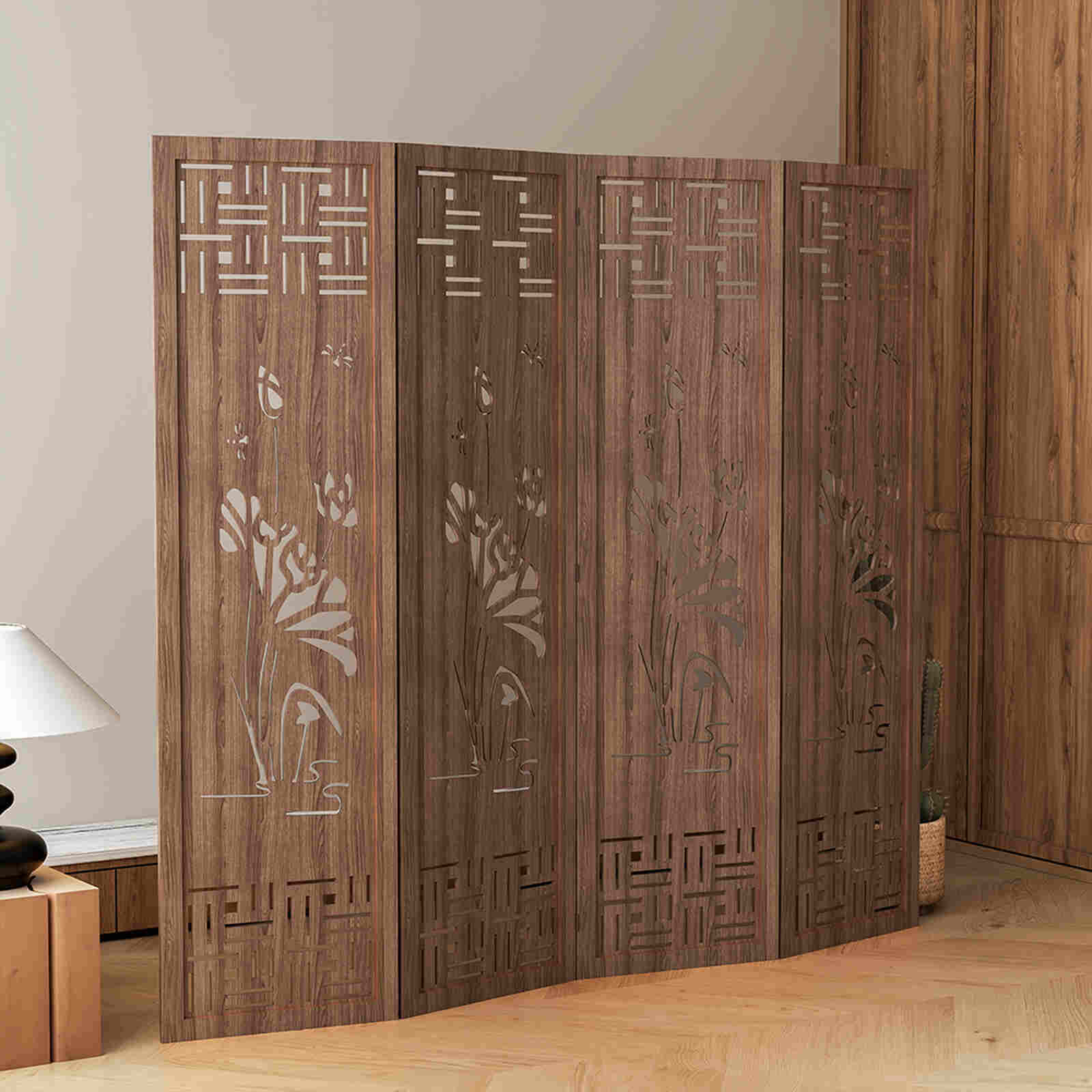 Bình phong gỗ họa tiết hoa sen