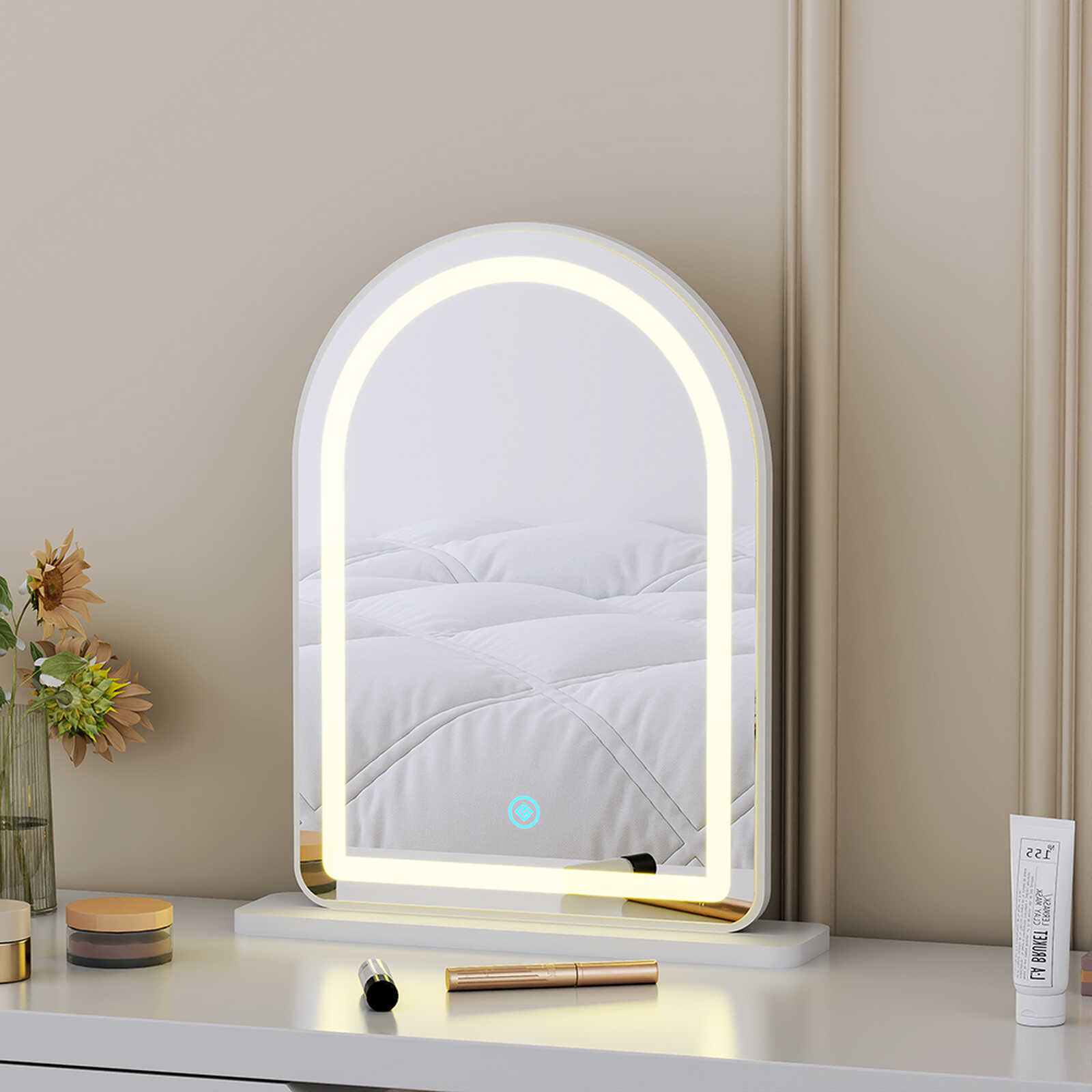 Gương để bàn trắng viền đèn LED