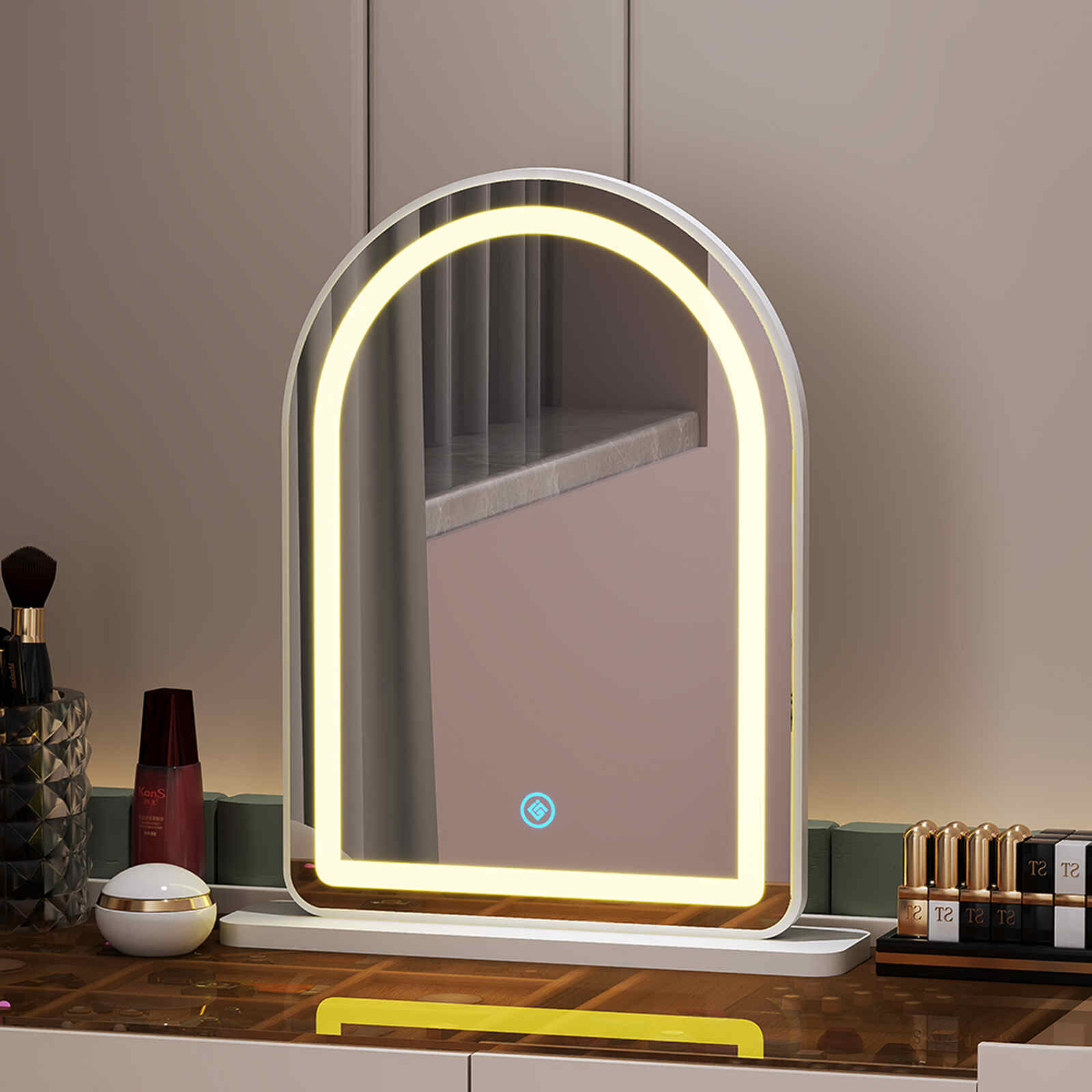 Gương để bàn trắng viền đèn LED