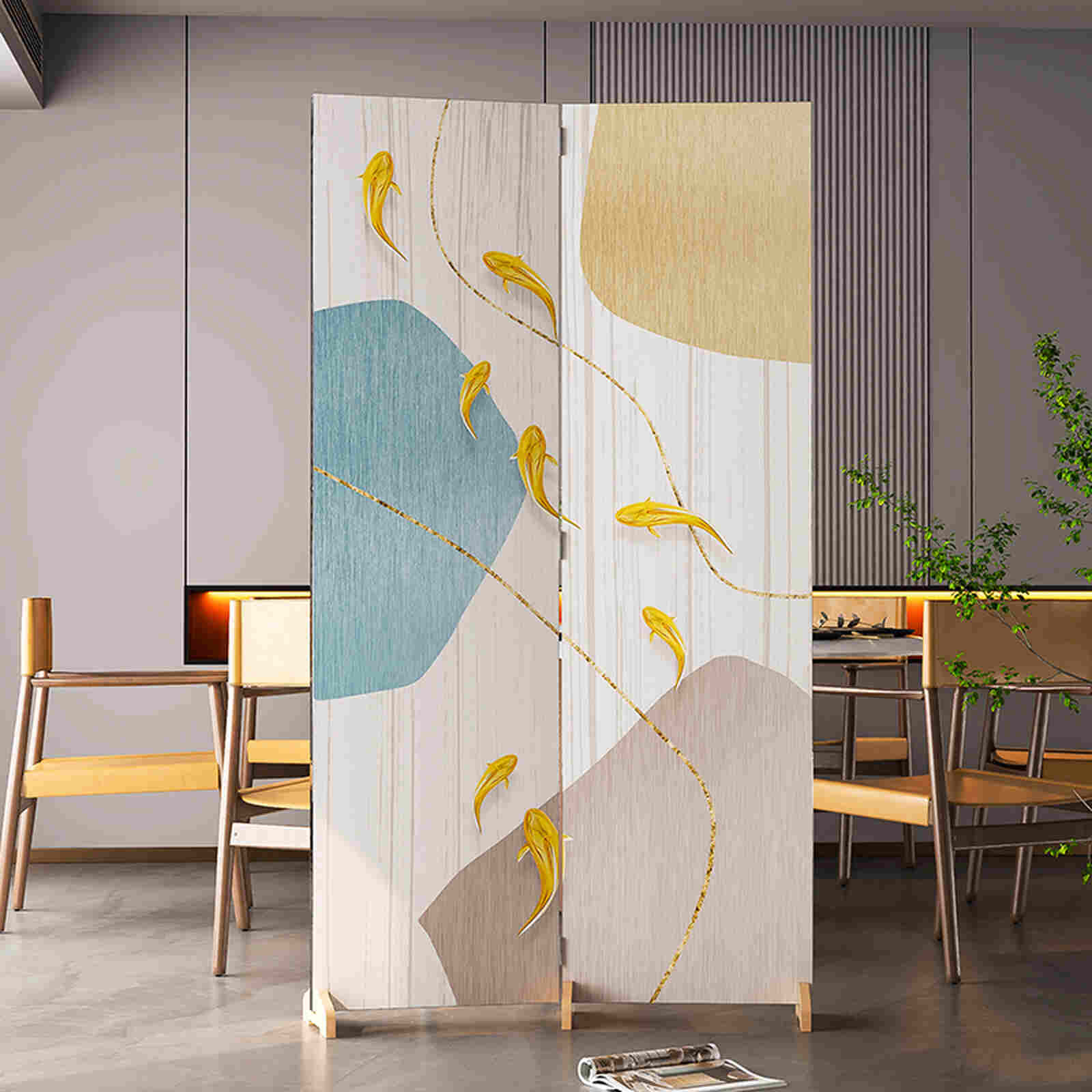 Bình phong 2 tấm canvas Nghệ thuật Cá Vàng