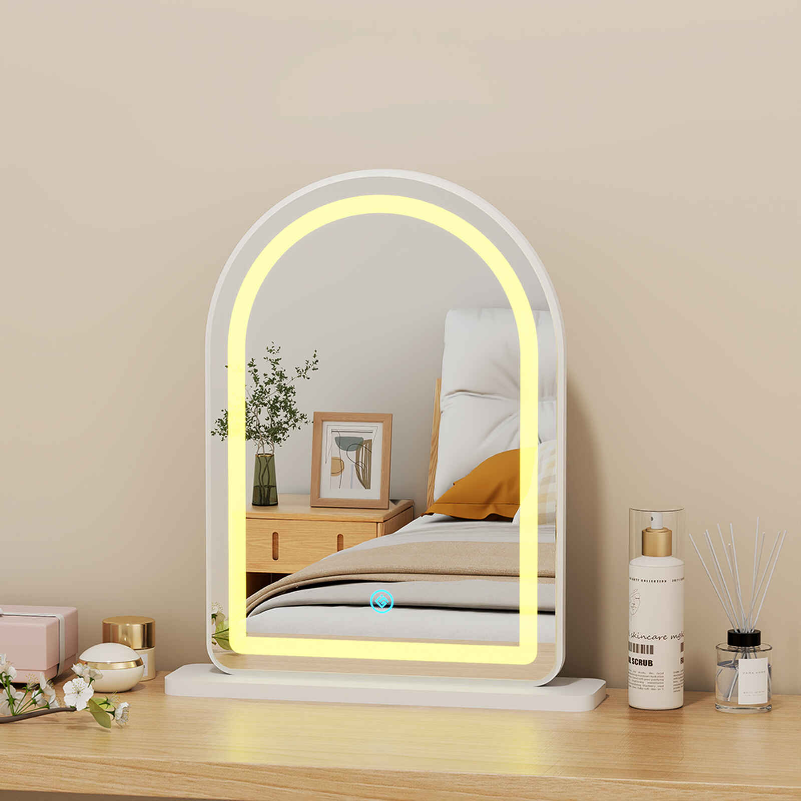 Gương để bàn trắng viền đèn LED