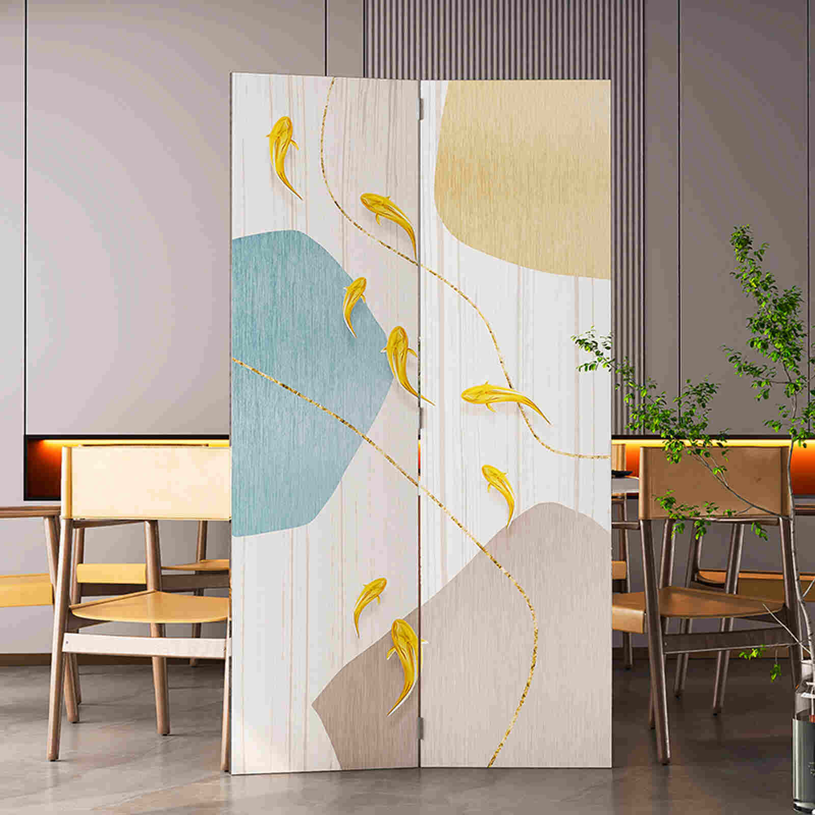 Bình phong 2 tấm canvas Nghệ thuật Cá Vàng