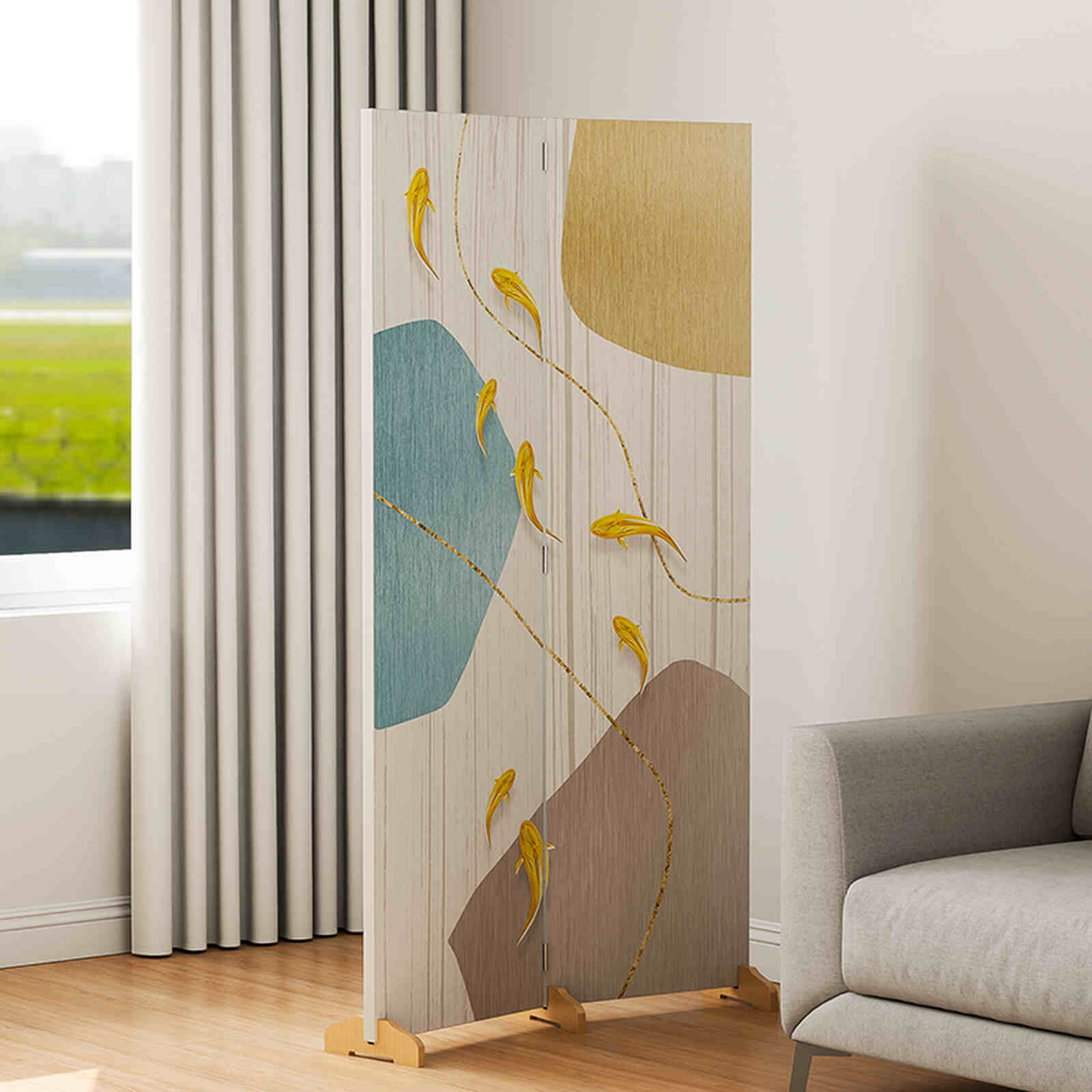 Bình phong 2 tấm canvas Nghệ thuật Cá Vàng