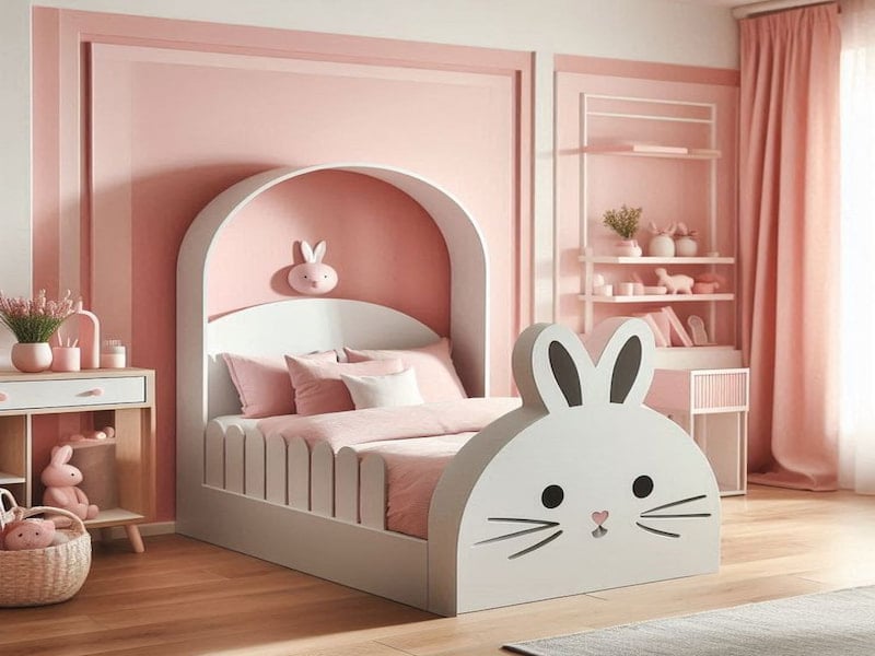 Giường đơn bé gái được thiết kế với gam màu trắng kết hợp màu hồng phấn mộng mơ