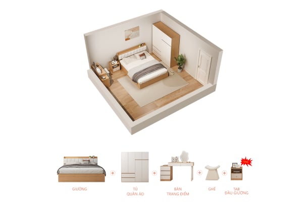 Tại Nội thất IGA, có sẵn combo Concept.02, bao gồm giường 1m6 cùng với các món đồ nội thất khác, giúp hoàn thiện không gian sống của bạn