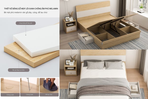 Giường gỗ 1m6 hiện đại có ngăn kéo 2 bên GP244 chống cong vênh, độ bền cao