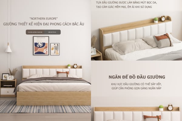 Giường ngủ kích thước 1m6 bọc nệm đầu giường cao cấp, hiện đại GP240