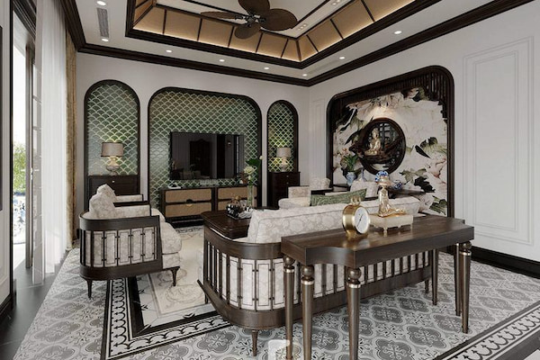 Không gian rộng mở với cửa sổ lớn, kết hợp sàn gạch bông và đèn trang trí tinh tế.