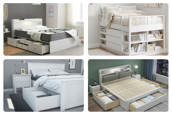 Giường ngủ màu trắng tích hợp thêm ngăn đựng đồ giúp tiết kiệm diện tích