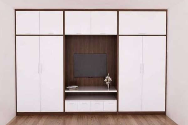 Mẫu tủ còn có ngăn chứa ẩn, hệ thống dây điện giấu kín, mang lại vẻ đẹp thẩm mỹ và gọn gàng cho không gian sống