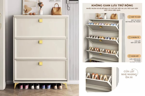 Tủ giày hiện đại GP332 mang đến sự tiện nghi tối đa cho người sử dụng khi được chia thành ba ngăn chức năng rõ ràng