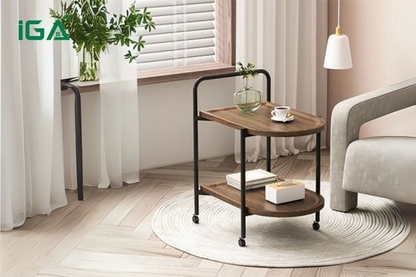 Bàn trà 2 tầng hiện đại mã GM87, màu gỗ óc chó, có bánh xe