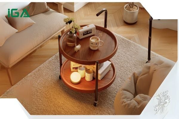 Bàn trà di động 2 tầng mã GM188.26, chân đen, mặt gỗ óc chó