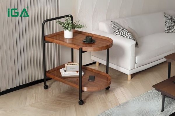 Bàn trà gỗ có bánh xe phong cách mộc mạc