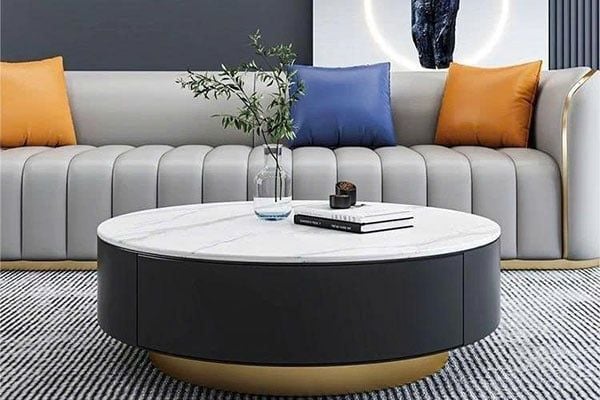 Bàn trà hình tròn với mặt bàn phủ kính cường lực