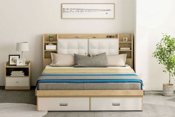 Giường gỗ đệm da êm ái tặng kèm kệ đầu giường - GP235