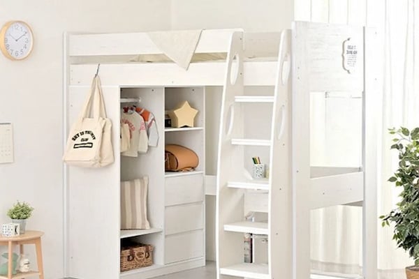 Giường gác xép trẻ em kèm bàn học chữ L và tủ