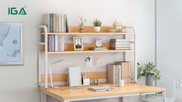 Trang trí kệ sách với cây mini, khung ảnh hay đồ lưu niệm giúp không gian sống động và mang đậm dấu ấn cá nhân
