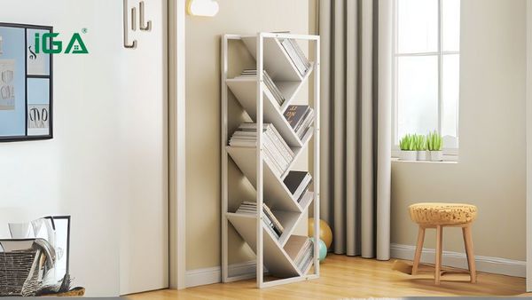 Kệ sách kim loại có thiết kế tối giản, bền chắc và dễ vệ sinh, phù hợp