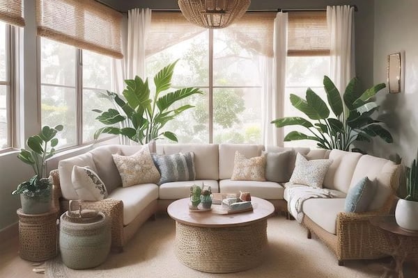 Sử dụng sofa màu trung tính hoặc nổi bật, kết hợp thảm thổ cẩm