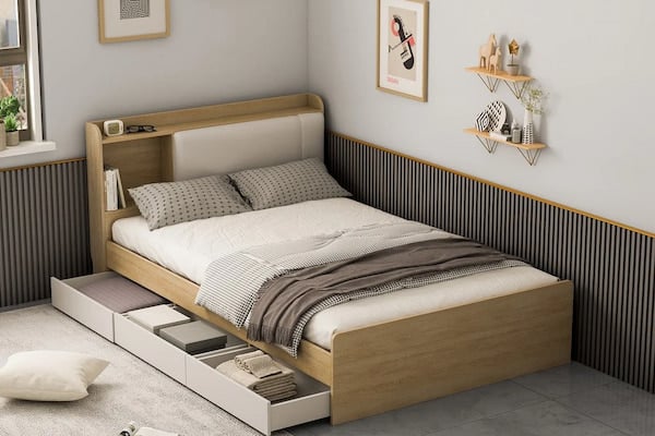 Giường ngủ đệm da tích hợp hộc tủ kéo bên dưới