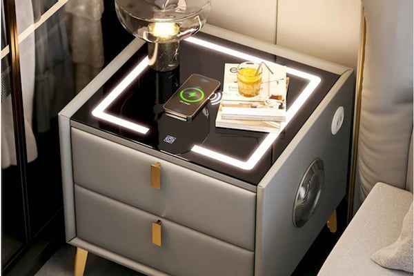 Tab đầu giường bằng da tích hợp sạc Bluetooth, đèn Led hiện đại