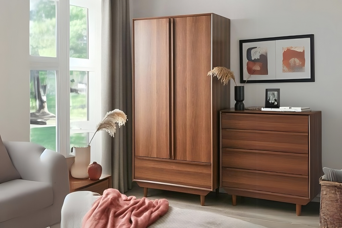 Tủ quần áo 2 cánh gỗ tự nhiên vân óc chó