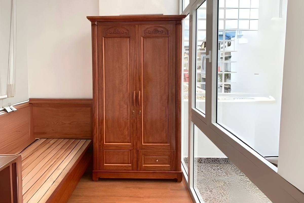 tủ quần áo 2 cánh tân cổ điển chất liệu gỗ xoan đào