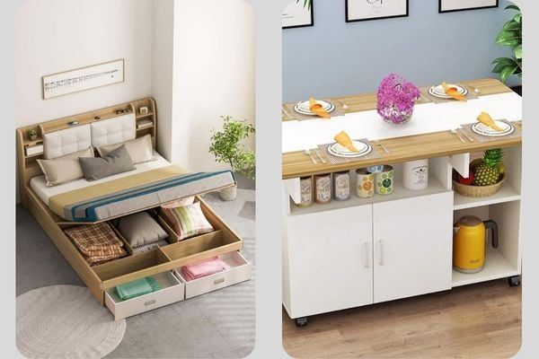 Nội thất thông minh cho căn hộ nhỏ gồm giường thông minh và bàn ăn với tủ đựng dụng cụ nhà bếp