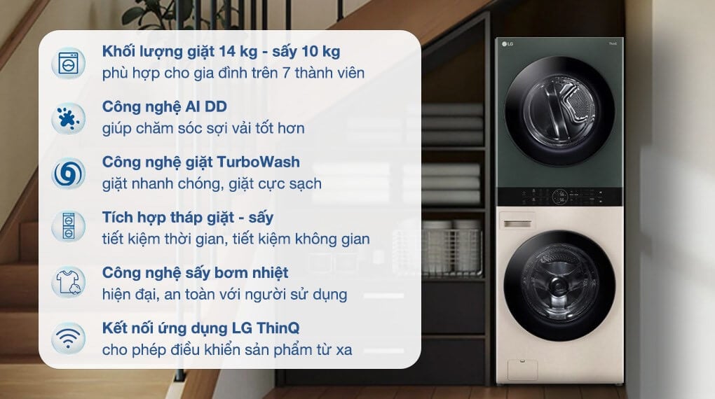 Tìm hiểu về những đặc điểm nổi bật có trong tháp giặt sấy LG WT1410NHEG