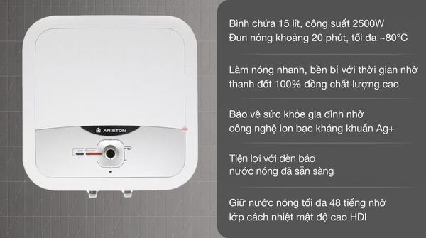 Bình nóng lạnh Ariston 15 lít có công nghệ làm nóng hiện đại giúp nước nhanh chóng đạt nhiệt độ mong muốn mà vẫn tiết kiệm điện.